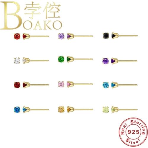 BOAKO 925 Sterling Silver Stud Earrings For Women Ins Color Birthstone Colorful Zircon Earring Luxury Earings Jewelry Pendientes