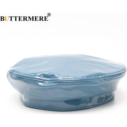 BUTTERMERE Patent Leather Beret Women Blue Female French Hat 2021 New Arrival Ladies Spring Solid Cap Beret Hat
