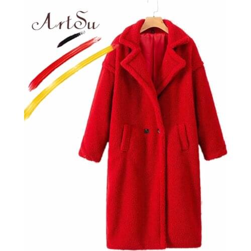 ArtSu Winter Fur Teddy Coat Women High Street Oversized Red Teddy Jackets Ladies Lamb Wool Coat White Pink Faux Fur Long Coat