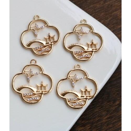 2021 New True Gold Plated 24MM Zircon Bridge Water People Style Necklace Pendant DIY Earring Charm Jewelry Making Accessory