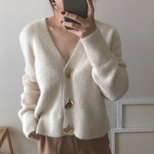 2021 Autumn Winter Fashion Women Mink Cashmere Cardigan Sweater Female V-neck Knitted Long haired mink cashmere sweater 936i