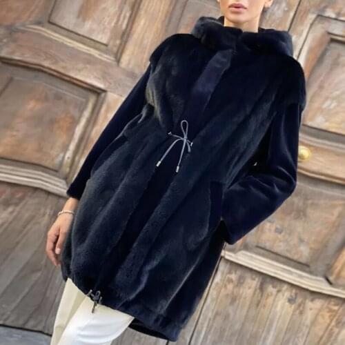 BFFUR Winter Fashion Natural Mink Fur Coat 2021 Women High Quality Black Middle Length Soft Warm Mink Fur Coats Hooded Overcoats