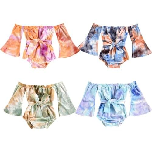 0-24M Tie-Dye Printed Baby Girls Boys Bodysuits Flare Sleeve Off Shoulder Bowknot Autumn Winter Jumpsuit With Belt