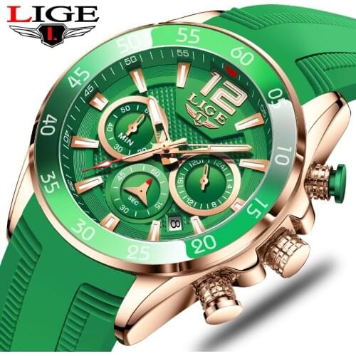 LIGE 2021 Fashion Green Silicone Watch Men Top Brand Sports Chronograph Mens Watches Luxury Waterproof Clocks Male Reloj Hombre