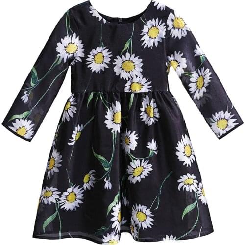 Autumn Vintage Girl Black A-line Dress for Children Printed Daisy Nature Flower Long Sleeve Size 3 5 7 9 11 Years Old