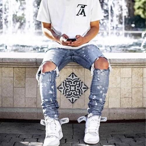 Men Jean High Quality Men oil paint Light Color Ripped Skinny Jeans Biker Slim Leisure Hip Hop Jeans