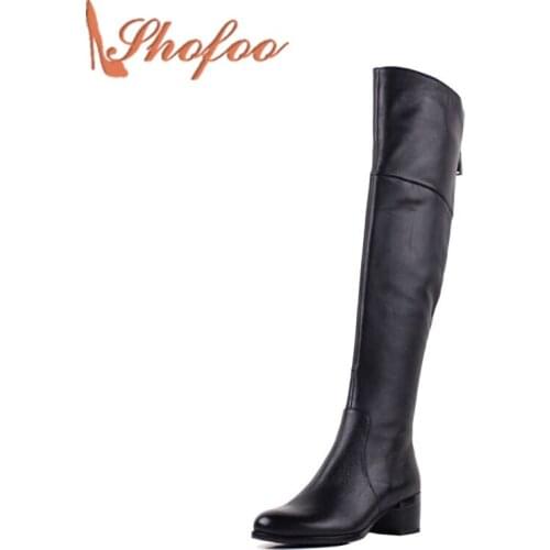 Women Boots Autumn Winter Leather Boots Medium Heel Sheepskin Shoes Soft Genuine Boots Shoes Large Size 4-16 Shofoo Designer