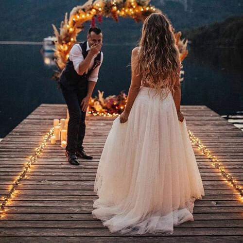 Verngo Beach Wedding Dress Boho A Line Backless Wedding Gown Lace Pearls Tulle Elegant Bridal Dress Sexy V Neck Robe de mariage