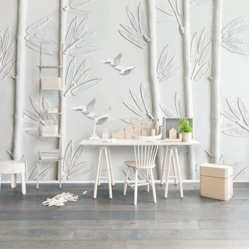 Custom Mural Wallpaper 3D Stereoscopic White Plaster Relief Bamboo Bird TV Background Wall Painting Living Room Photo Wall Paper