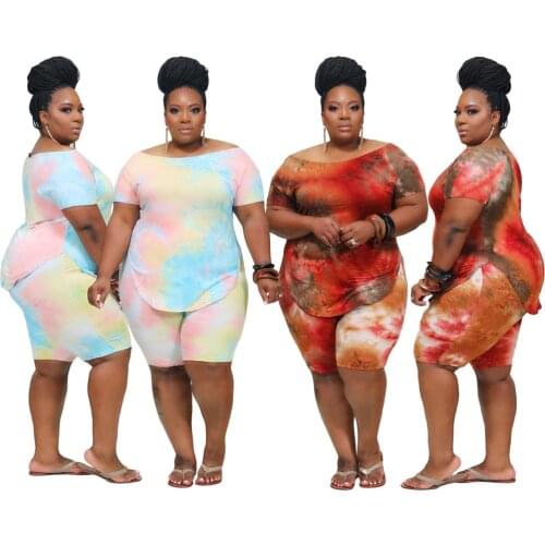 Newest Women Knee Length Shorts Sets Big Size Ladies Short Sleeves Scoop Neck T Shirt Fashion Tie-dye Print Casual Tracksuits