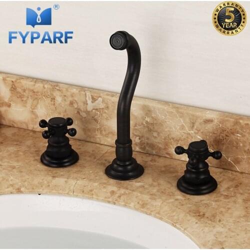 FYPARF Bathroom Sink Faucet Brass Basin Mixer Tap 3 Pcs Black Faucet Dual Cross Handle Sink Mixer Taps Cold and Hot Water Crane