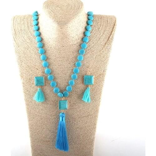 MOODPC Fashion Jewelry Set Blue Flat Stone Rosary Chain Stone Link Tassel Necklace Earring set