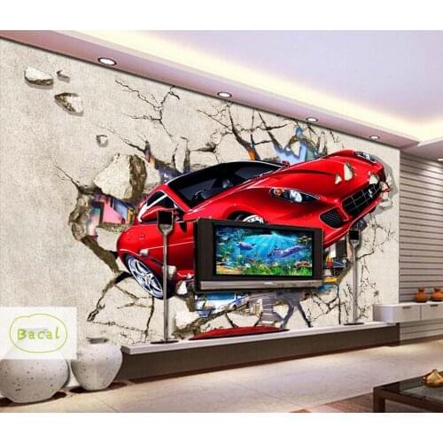 Bacal Custom Mural Wallpaper 3D Red Car Broken Wall Photo Wallpaper 3D Cartoon Kids Bedroom Home Decoration Papel De Parede