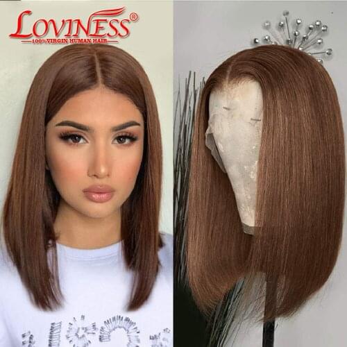 Brown Bob Lace Front Wig Glueless Straight Middle T Part Bob Human Hair Wigs Soft Bouncy Pre Plucked Natural Hairline Lace Wig