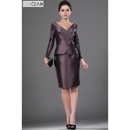 Formal Wedding Party Dress Gorgeous Sheath V Neck Long Sleeves knee Length Taffeta Short Mother of the Bride Dress