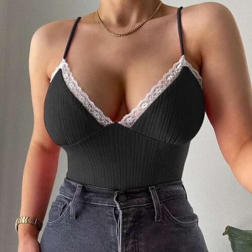 Women Spaghetti Strap Crop Tops Y2k Lace Sleeveless Ribbed Knit Cami V-neck Cropped Tops Ribbed Backless Streetwear Tank Tops