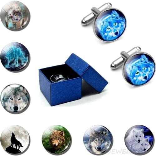 Full Moon White Wolf Glass Alloy Cufflinks Animal Suit Cuff Links Dad Men Shirt Accessories Box Packaging Gift