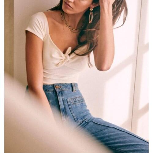 Women T-shirt 2021 Summer Retro 100% Cotton V-neck Tie Knotted Cute Backless Short-sleeved Slim T-shirt