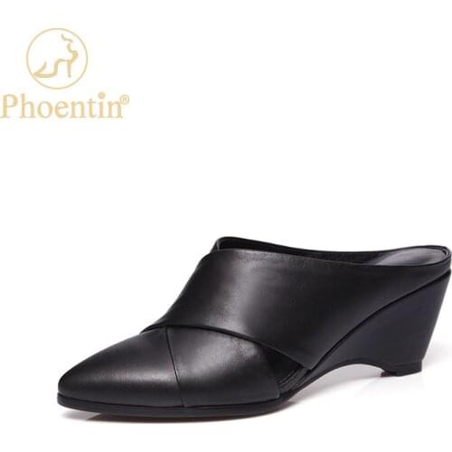 Phoentin Genuine leather pointed cover Toe Slippers 2021 new high Heels Mules shoes Women Summer black white sandals FT1584