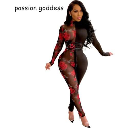 Women 2021 New Sexy Print Mesh Patchwork Long Jumpsuit Skinny Romper Tiger Pattern Bodycon Playsuit One Piece Women Club Outfits