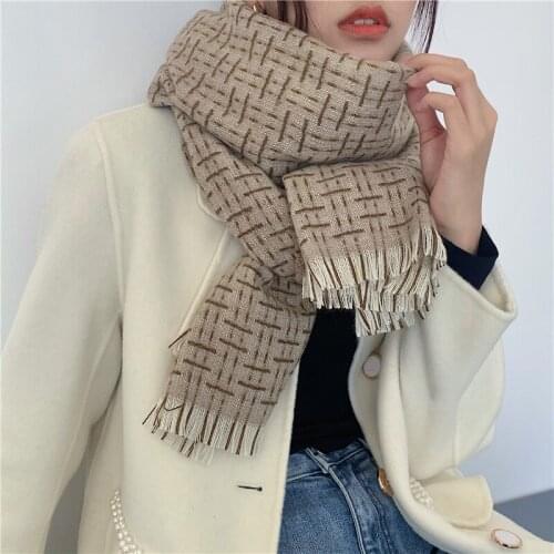 Luna&Dolphin Women Winter Warm Knitted Scarf Geometry Imitation Cashmere Khaki Thick Soft Wool Tippet Big Pashmina Blanket Shawl