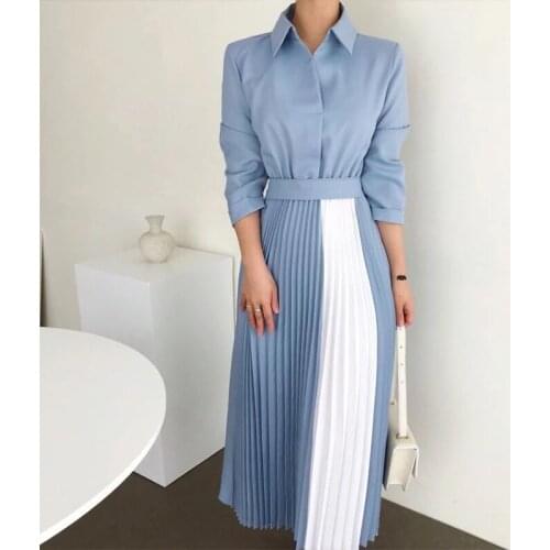New Spring Women Casual Loose High Waist Slim Elegant Panelled Color Folds Long Dress Robe