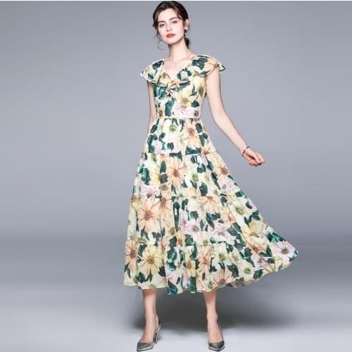 Banulin Runway Summer Long Dress for Women 2021 Ruffles V-Neck Vintage Floral Print Holiday Vacation Dress Female Maxi Robe