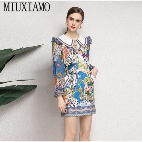 MIUXIMAO 2021 Summer Runway New Women Pretty Print Vintage Casual Lace Ruffles Elegant Full Sleeve Fashion Mini Dress Vestidos