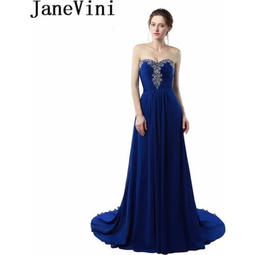 JaneVini Vestido Royal Blue Beaded Sequined Mother of The Bride Dresses A Line Strapless Chiffon Evening Gowns Vestido De Novia