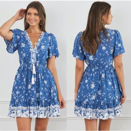 2021European American summer new vacation style vintage printed ruffles stitching tied high waist dress for women