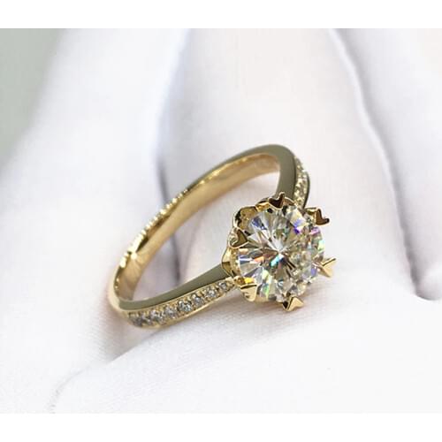 14K Yellow Gold Ring Round Brilliant Cut Moissanite Jewelry Snowflake style Engagement Anniversary Ring