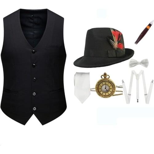 1920s Mens Accessories Set Newsboy Hat, Formal Vest,Gentlemans Pipe，pocket watch tie Cap
