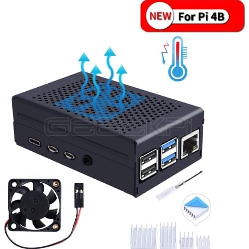 GeeekPi Aluminum Enclosure Cover Metal Case Black / Silver with Suspension Cooling Fan Heatsink for Raspberry Pi 4B Pi 4 Model B