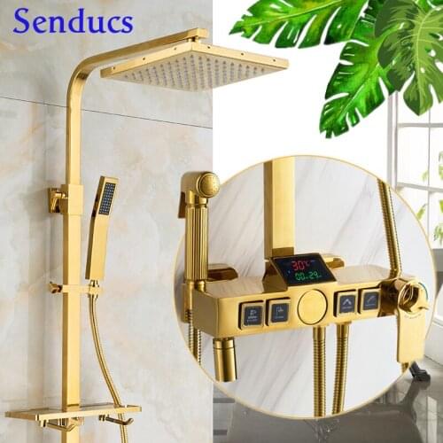 Digital Bathroom Shower Set of Rainfall Shower Head Copper Bath Bidet Matte Black Square Button Thermostatic Bath Shower Set