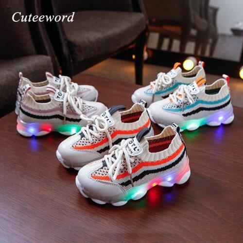 Children Shoes Led Light Kids Shoes for Boys Sneakers Breathable Knitted Surface Luminous Baby Sneakers Mesh Girl Led Light Shoe