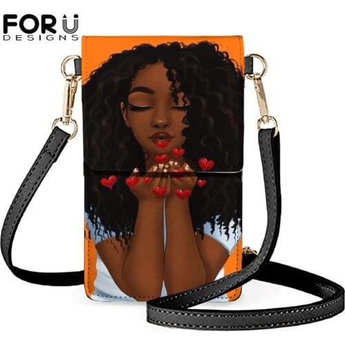 FORUDESIGNS 1 pcs Womens Mobile Phone Bag Afro Girls Design Touchable PU Leather Change Bag Crossbody Mobile Phone Pouch Wallet