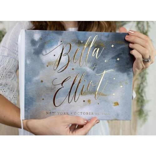 Custom Celestial Wedding Guest Book, Hardcover Instant Photo ablum Horizontal Wedding Book with Calligraphy Names and Stars