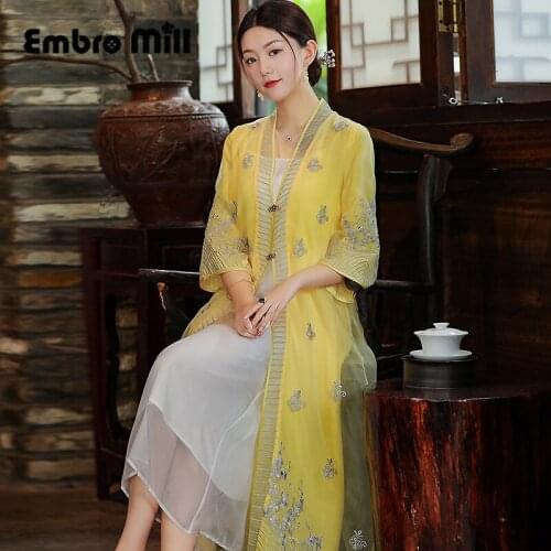 Chinese Style Outer Cardigan Long Retro Embroidery Organza Stitching Buttons Plus Size Loose Shawl Thin Top Coat S-XXL