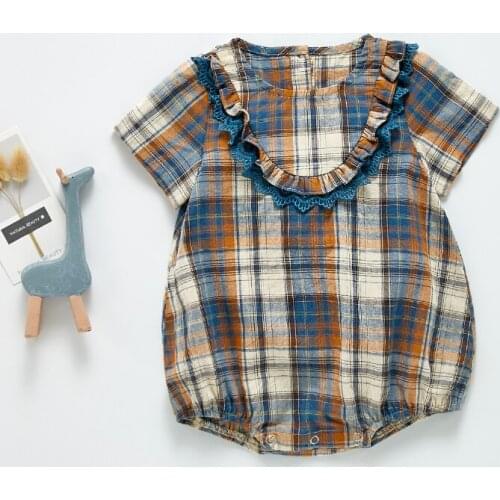 Newborn Baby Girl clothes Fashion Cute Plaid Lace Collar Short Sleeve Bodysuits Summer New Infant Casual Loose Soft Bodysuit