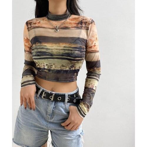 Vintage Personality Printed Crop Top Y2k Fashion T Shirt Mesh Transparent Turnleneck Pullovers Sexy Skinny Gauze Women T-shirts