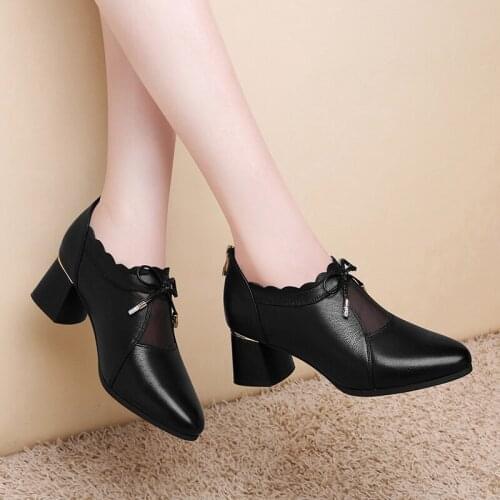 Concise Single shoes 2021 new spring autumn womens shoes Pointed Toe thick heel ladies Genuine leather high heels ZIP Modern