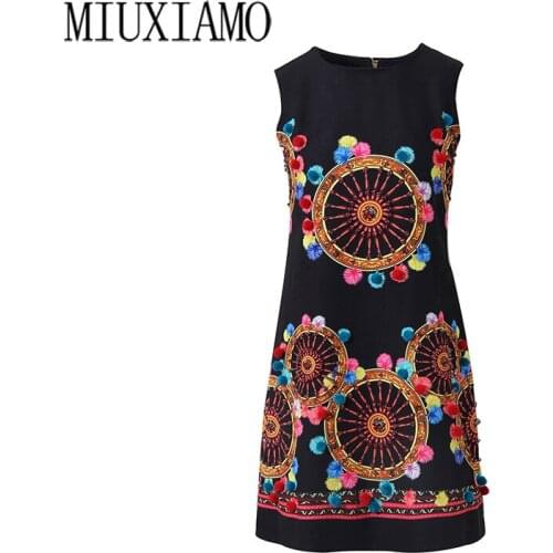 MIUXIMAO 2020 Summer dress Party dress High Quality Wheel print Colored cotton ball Diamonds Elegant Casual Dress Women Vestidos
