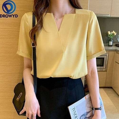 Fashion Red Short Sleeve Blouse Women Summer 2021 High Quality Korean Style Office Lady Vintage V-Neck Yellow Shirt Femme DROWYD
