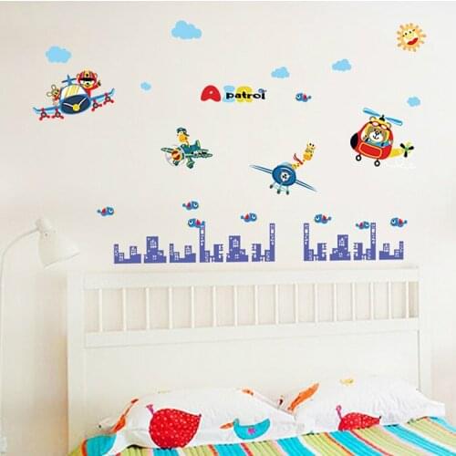 Cartoon animal pilots city building wall stickers for kids room decor diy art mural removable wall sticker