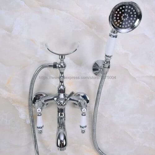 Polished Chrome Dual Handles Bathtub Faucet Set Wall Mount with Handshower Bath Shower Mixer Taps Nna246
