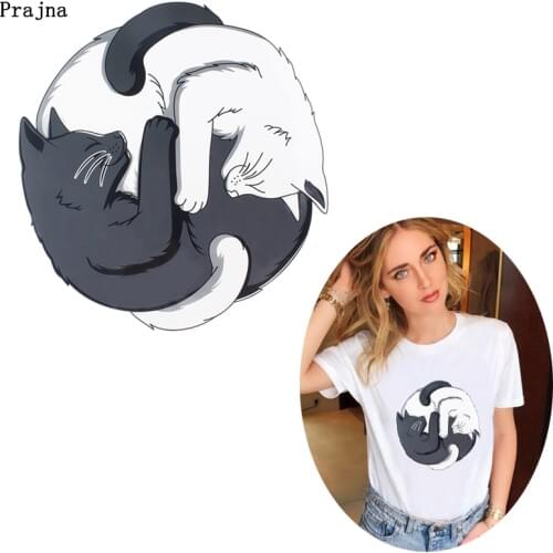 Prajna Black and White Cat Patch Iron On Transfers For T-shirt Hoodies Jacket Clothes Applique Ironing Thermal Transfers Sticker