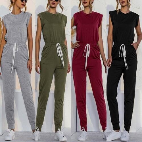 Solid Sleeveless Drawstring Jumpsuits Women Basic Casual O-Neck Female Jumpsuit 2021 Spring Summer Fashion Mid Waist Pants S-XXL