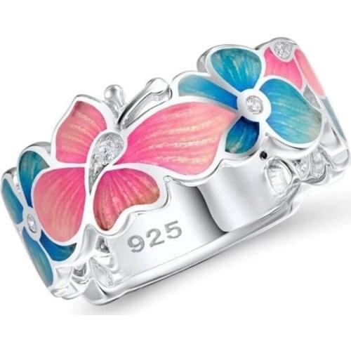 OEING Exquisite Pink Blue Enamel Butterfly Vintage 925 Silver Wedding Ring Engagement Bridal Jewelry Christmas Gift Wedding Ring