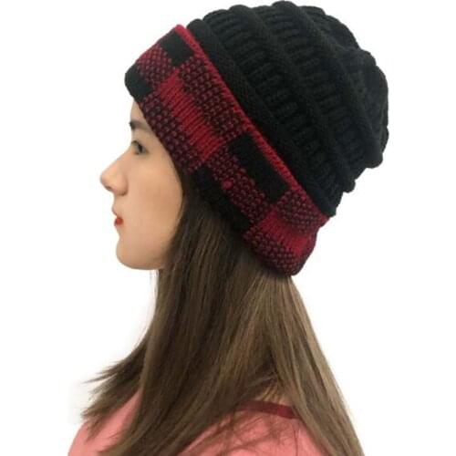 XEONGKVI Europe America Grid Flanging Skullies Beanies Autumn Winter Warm Knitted Hats For Women Fashion Christmas Gift