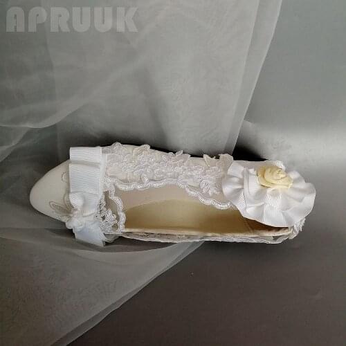 Bow flower white flats wedding shoes bride handmade plus size 41 42 ladies flower girl bridal bridesmaid proms dress party shoe